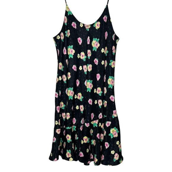 Vintage 90s 1990s Black floral slip dress medium lingerie negligee - Picture 1 of 8
